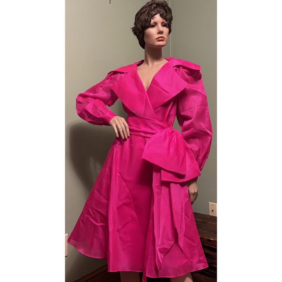 Vintage Victor Costa Hot Pink Organza Fit And Flare ”Wrap”Dress w/Bow - Picture 10 of 11
